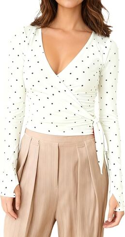 Women Cross Wrap Top Polka Dot Long Sleeve Deep V Neck Tie Workout Ballet Blouse Pilates Yoga Shirt in Saudi Arabia