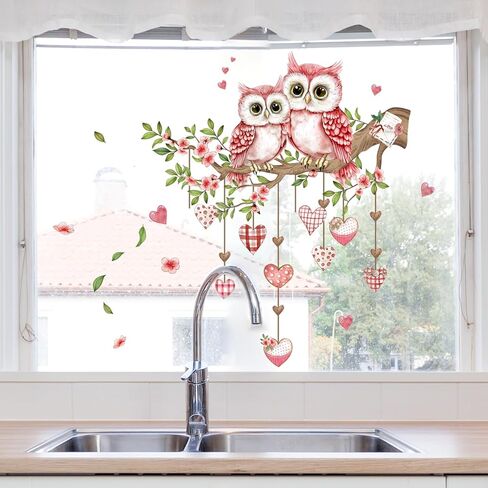1 Sheet Static Owl Window Cling Sticker Valentine's Day Window Clings Pink Heart Floral Decals Peel and Stick Murals for Home Windows Glass Valentine’s Themed Decor (Pink) in Saudi Arabia