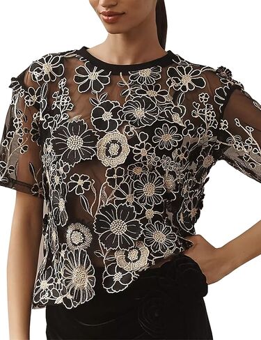 Women's Embroidered 3D Floral Blouse Short Sleeve Crew Neck Sheer Lace Tee Shirts in Saudi Arabia