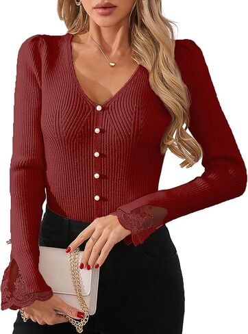 Womens Slim Dressy Pearl Lace Ruffle Sweater Fall 2025 Business Casual Outfits V Neck Ribbed Knit Tunic Tops in Kuwait