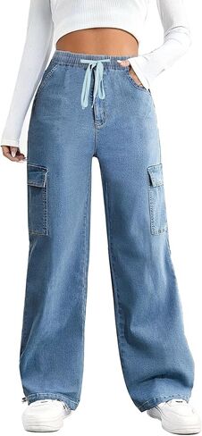 SESERAGI مستقيم واسعة الساق الجينز البضائع الفضفاضة بسط مرونة الخصر الرباط بناطيل كاجوال الدينيم السراويل الشارع الشهير in Kuwait