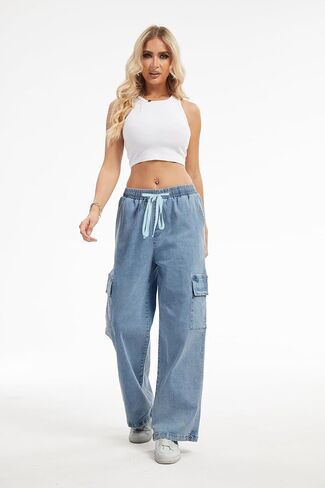 SESERAGI Straight Wide Leg Cargo Jeans Baggy Stretchy Elastic Waist Drawstring Casual Trousers Denim Pants Streetwear in Saudi Arabia