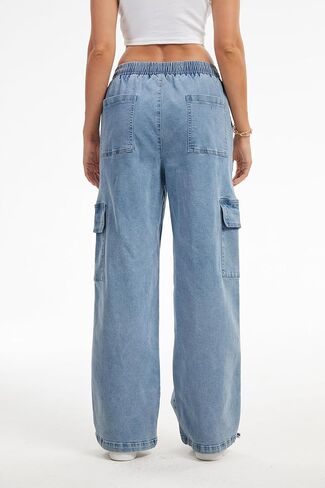 SESERAGI Straight Wide Leg Cargo Jeans Baggy Stretchy Elastic Waist Drawstring Casual Trousers Denim Pants Streetwear in Saudi Arabia