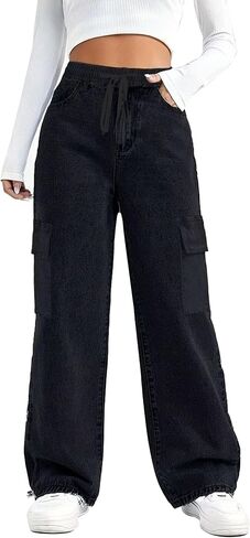 SESERAGI Straight Wide Leg Cargo Jeans Baggy Stretchy Elastic Waist Drawstring Casual Trousers Denim Pants Streetwear in Saudi Arabia