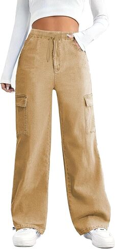 SESERAGI Straight Wide Leg Cargo Jeans Baggy Stretchy Elastic Waist Drawstring Casual Trousers Denim Pants Streetwear in Saudi Arabia
