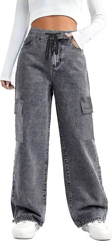 SESERAGI Straight Wide Leg Cargo Jeans Baggy Stretchy Elastic Waist Drawstring Casual Trousers Denim Pants Streetwear in Saudi Arabia