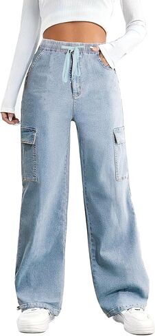 SESERAGI Straight Wide Leg Cargo Jeans Baggy Stretchy Elastic Waist Drawstring Casual Trousers Denim Pants Streetwear in Saudi Arabia