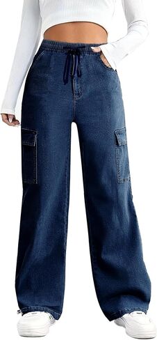 SESERAGI Straight Wide Leg Cargo Jeans Baggy Stretchy Elastic Waist Drawstring Casual Trousers Denim Pants Streetwear in Saudi Arabia