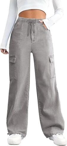 SESERAGI Straight Wide Leg Cargo Jeans Baggy Stretchy Elastic Waist Drawstring Casual Trousers Denim Pants Streetwear in Saudi Arabia