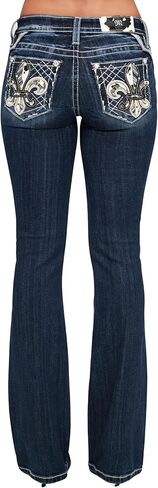 Miss Me Women's Cowhide Fleur de Lis Embellished Pockets Mid-Rise Bootcut Jeans in Saudi Arabia