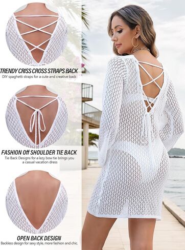 Bellelily Women's Swimwear Cover Ups Swimsuit Bikini Bathing Suit Long Sleeve Hollow out Open Back Tie Crochet Beach Dress in Saudi Arabia