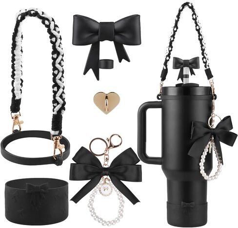 Valentine's Day Stanley Cup Accessories Set Water Bottle Handle Strap, Siliocne Stanley Cup Boot, Bow Straw Cover, Pearl Stanley Charms, Straw Topper for Stanley Cup 40oz & 30oz Tumbler (Pink) in Saudi Arabia