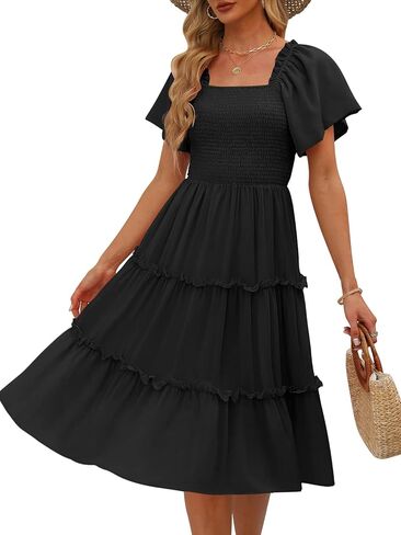 LILLUSORY Women's Summer Casual Flutter Sleeve Square Neck Smocked Midi Dress in Saudi Arabia