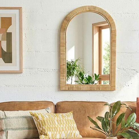 24x36 inch Rattan Arched Mirror for Wall, Bohemia Bathroom/Farmhouse Boho Mirrors, Vanity Irragular Decorative Arched Mirror, Suitable for, Bedroom, Living Room, Home Decoration in Saudi Arabia