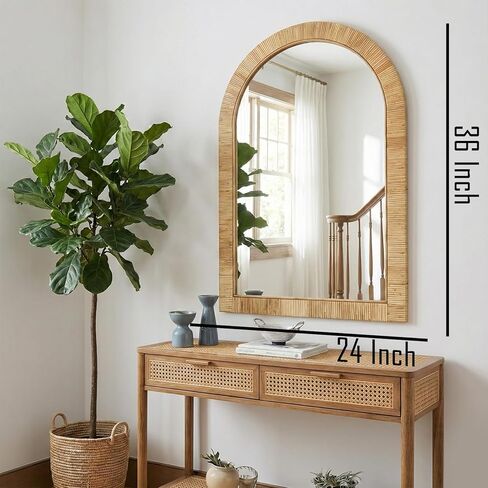 24x36 inch Rattan Arched Mirror for Wall, Bohemia Bathroom/Farmhouse Boho Mirrors, Vanity Irragular Decorative Arched Mirror, Suitable for, Bedroom, Living Room, Home Decoration in Saudi Arabia