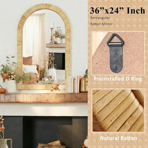 24x36 inch Rattan Arched Mirror for Wall, Bohemia Bathroom/Farmhouse Boho Mirrors, Vanity Irragular Decorative Arched Mirror, Suitable for, Bedroom, Living Room, Home Decoration in Saudi Arabia