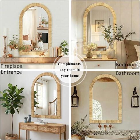 24x36 inch Rattan Arched Mirror for Wall, Bohemia Bathroom/Farmhouse Boho Mirrors, Vanity Irragular Decorative Arched Mirror, Suitable for, Bedroom, Living Room, Home Decoration in Saudi Arabia