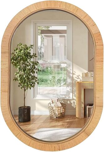 24x36 inch Rattan Arched Mirror for Wall, Bohemia Bathroom/Farmhouse Boho Mirrors, Vanity Irragular Decorative Arched Mirror, Suitable for, Bedroom, Living Room, Home Decoration in Saudi Arabia