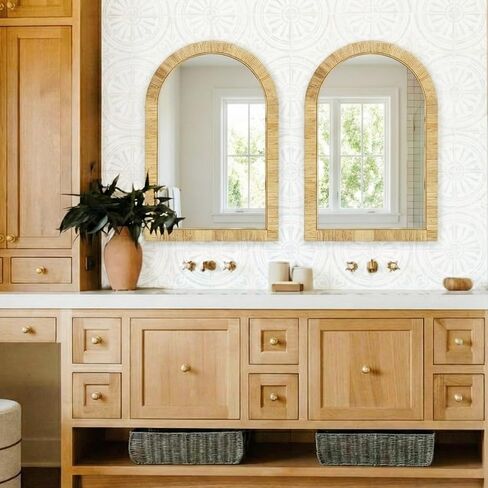 24x36 inch Rattan Arched Mirror for Wall, Bohemia Bathroom/Farmhouse Boho Mirrors, Vanity Irragular Decorative Arched Mirror, Suitable for, Bedroom, Living Room, Home Decoration in Saudi Arabia
