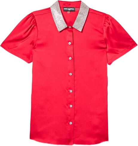 Karl Lagerfeld Womens Short Sleeve Collared Neck Crystal Collar Elevated Button Down in Saudi Arabia