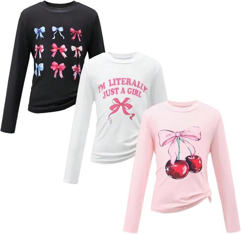 Girl's Long Sleeve Shirts Cherry Bow Graphic Tees Crew Neck Fall Cute Tops for Girls 3 Packs in Saudi Arabia