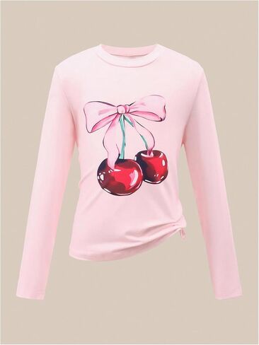 Girl's Long Sleeve Shirts Cherry Bow Graphic Tees Crew Neck Fall Cute Tops for Girls 3 Packs in Saudi Arabia