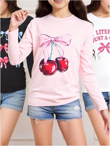 Girl's Long Sleeve Shirts Cherry Bow Graphic Tees Crew Neck Fall Cute Tops for Girls 3 Packs in Saudi Arabia