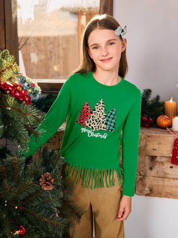 تي شيرت بأكمام طويلة للفتيات للكريسماس من Haloumoning تي شيرت للأطفال ذو رقبة دائرية قبيحة وبأهداب شجرة عيد الميلاد تي شيرت من 5 إلى 14 سنة in Kuwait