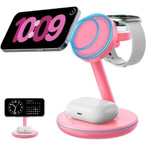 2025 Magnetic 3 in 1 Charger Stand ، مع ضوء ودود لـ iPhone 16 15 14 13 12 Pro Max Plus ، وشاحن Mag-Safe for Apple Watch و Air Pod 4 3 2 Pro ، هدية للرجال/النساء in Kuwait