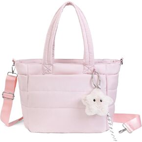 حقيبة كبيرة منتفخة للنساء: حقيبة مبطنة خفيفة الوزن مع سحر نجمة قطيفة، حزام قابل للتعديل للعمل والسفر in Kuwait