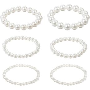 6 Pcs White Pearl Bracelet for Women, 5 Size Stackable Pearl Bracelet Set, Pearls Beaded Stretch Bracelets for Bridal, Wedding, Bridesmaid, Party, Gift, Daily Wear in Saudi Arabia