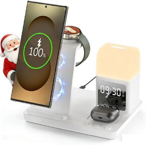 الشاحن اللاسلكي لشاحن Samsung/Android ، 6 في 1 شاحن محطة شحن منضدة من خلال المنبه/الليل من أجل Samsung S25/S24/S23 Ultra/Buds3 Pro ، شاحن مشاهدة Galaxy Watch 7/6/5-Black in Kuwait