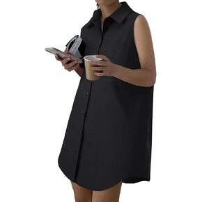 LYANER Women's Casual Shirt Dress Collar V Neck Sleeveless Button Down Loose Mini Dresses in Kuwait
