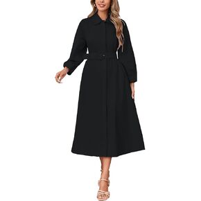 Women Button Down Shirt Dress 3/4 Sleeve V Neck Collared Midi Dress Belted A Line Shirtdress with Pockets in Saudi Arabia