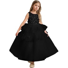 Pearls Flower Girl Dress for Wedding Tulle Tiered Bow Knot Butterfly Satin Sleeveless V-Back Puffy Ball Gowns in Kuwait
