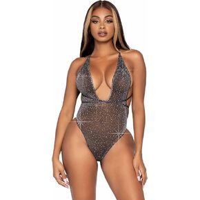 Leg Avenue womens Shimmer Sheer Lurex Rhinestone Teddy With Thong Back and Convertible Wrap-Around Straps in Kuwait