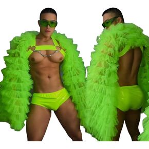 Bar Nightclub DS DJ Gogo Dancer Costume Men Fluorescent Green Fluffy Sleeves Coat Shorts Stage Sexy Pole Dance Outfit in Saudi Arabia