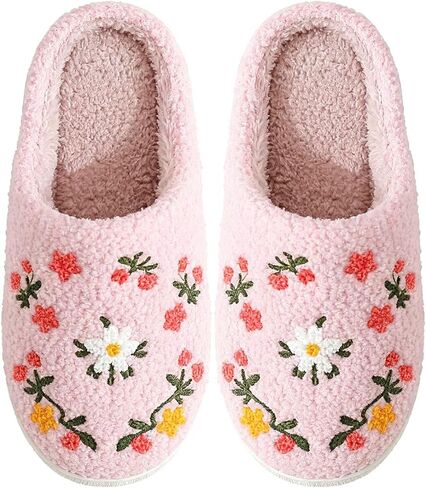 Flower Slippers for Women Men Floral Pattern Slippers Embroidered Fuzzy Warm Comfy Winter Indoor Outdoor House Shoes in Saudi Arabia