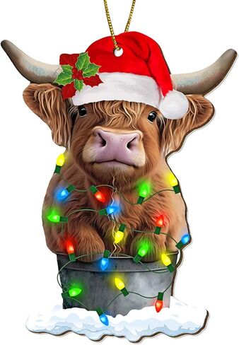 Highland Cow Christmas Tree Keepsake Ornaments, Farmhouse Themed 2 Side Printed Flat Wooden Ornament, Farm Animal Xmas Hanging Decor in Kuwait