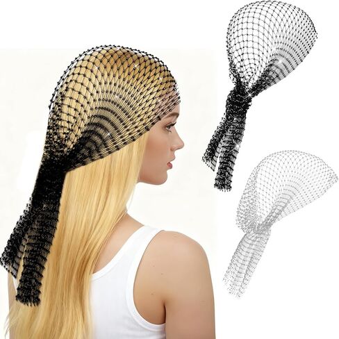 2 PCS Rhinestone Head Scarf, Mesh Rave Head Scarf, Glittering Wide Stretchy Headwraps for Women Rave Nightclub Party (Black, White) in Saudi Arabia