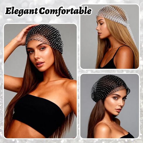 2 PCS Rhinestone Head Scarf, Mesh Rave Head Scarf, Glittering Wide Stretchy Headwraps for Women Rave Nightclub Party (Black, White) in Saudi Arabia
