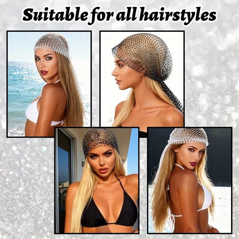 2 PCS Rhinestone Head Scarf, Mesh Rave Head Scarf, Glittering Wide Stretchy Headwraps for Women Rave Nightclub Party (Black, White) in Saudi Arabia