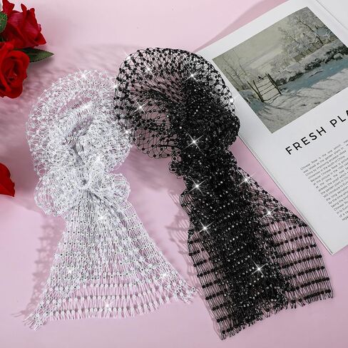 2 PCS Rhinestone Head Scarf, Mesh Rave Head Scarf, Glittering Wide Stretchy Headwraps for Women Rave Nightclub Party (Black, White) in Saudi Arabia