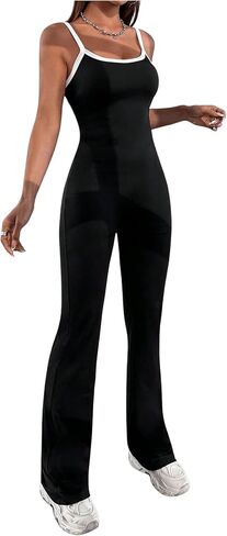 WDIRARA Women's Skinny Flared Leg Bodycon Jumpsuit Solid Contrast Trim Long Pants Rompers0 in Saudi Arabia