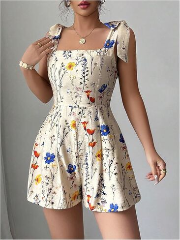 Milumia Women's Boho Floral Tie Knot Sleeveless Rompers Wide Leg Short Jumpsuit in Kuwait