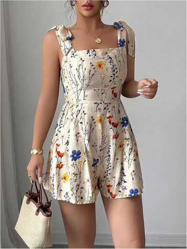 Milumia Women's Boho Floral Tie Knot Sleeveless Rompers Wide Leg Short Jumpsuit in Kuwait