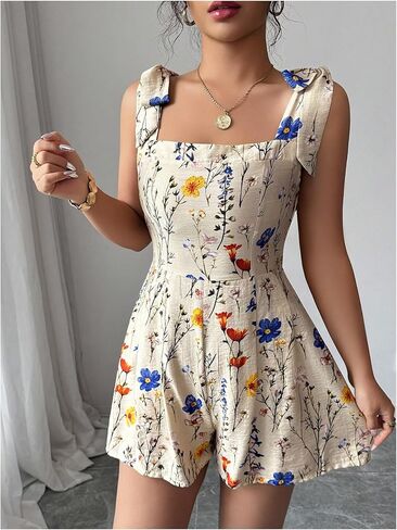 Milumia Women's Boho Floral Tie Knot Sleeveless Rompers Wide Leg Short Jumpsuit in Kuwait
