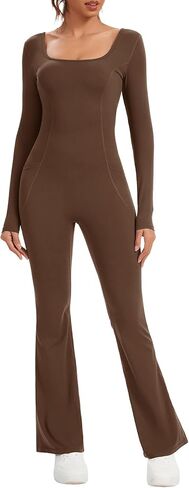 ECUPPER Women Long Sleeve Flared Jumpsuit Scrunch Romper One Piece Full Bodysuits Yoga Unitard Wide Leg Catsuit with Pocket in Saudi Arabia
