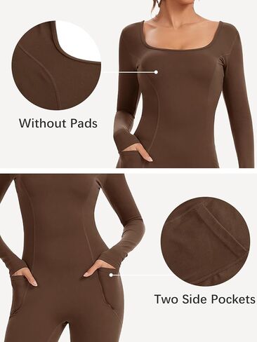 ECUPPER Women Long Sleeve Flared Jumpsuit Scrunch Romper One Piece Full Bodysuits Yoga Unitard Wide Leg Catsuit with Pocket in Saudi Arabia