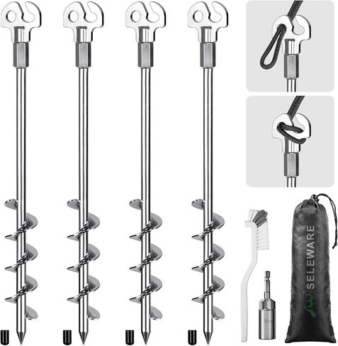 SELEWARE 18 Inch Ground Anchors Screw in, 4 Pack Heavy Duty Trampoline Stakes Tent Stakes High Wind Wider Spiral Earth Anchors for Trampolines Camping Tent Sheds Carports Securing Animals Swing Sets in Kuwait